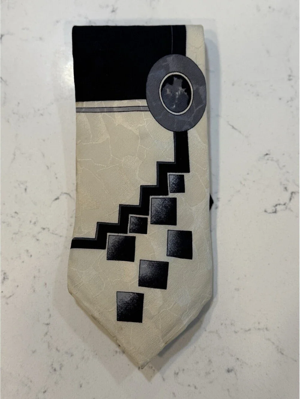Portofino le Collezioni 100% Silk Tie Geometric Made In USA Black Silver White